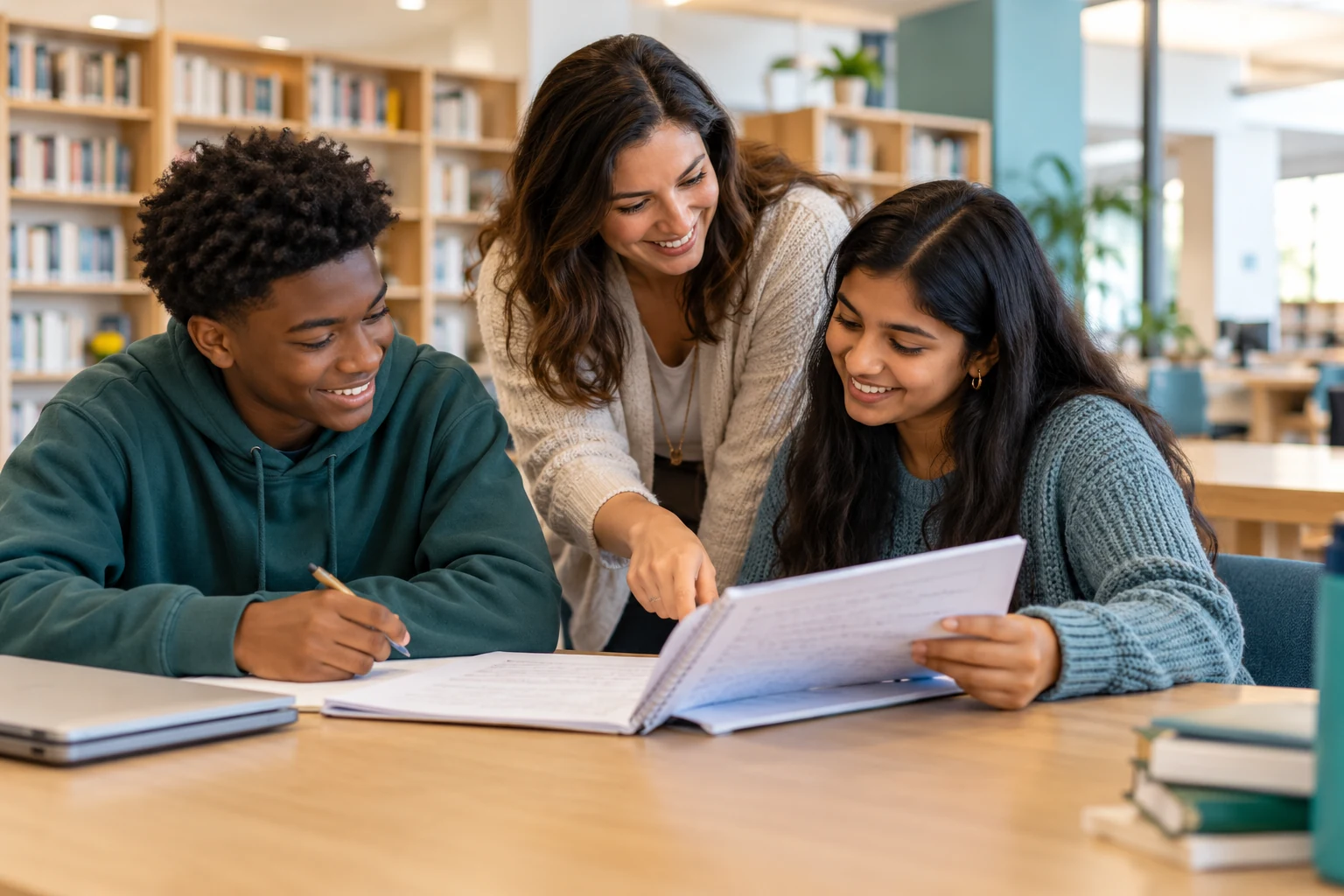 Teenage students smiling as they share their notebook work with an educator