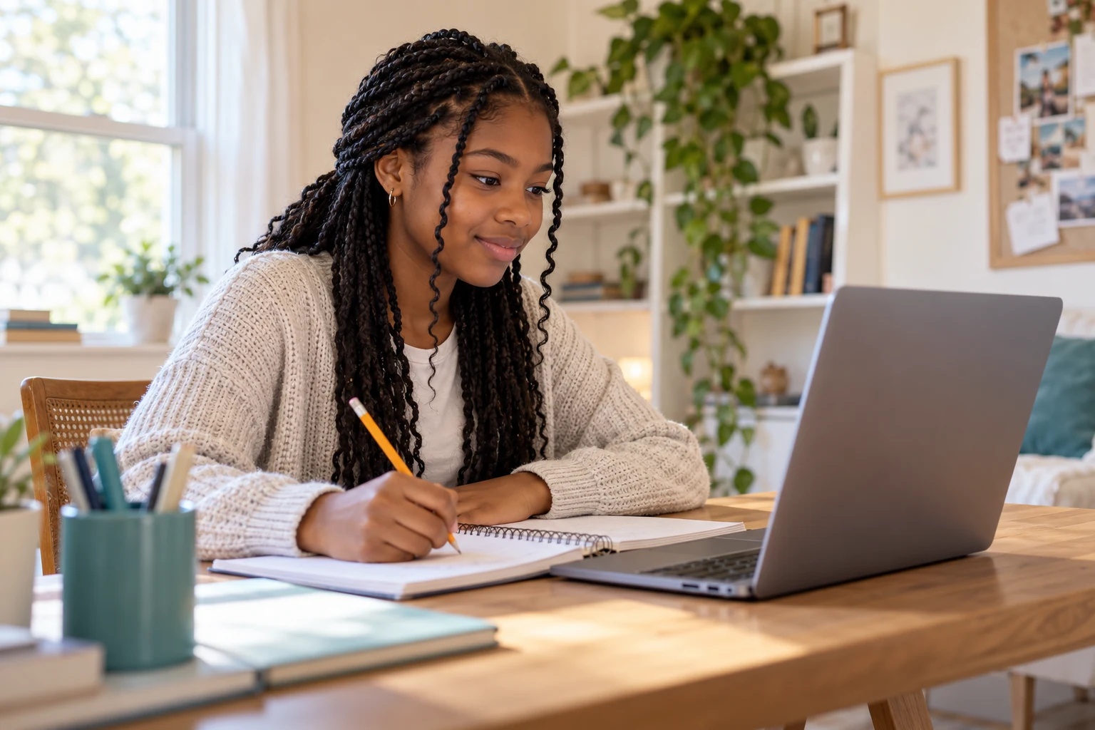 Teenage student studying with a notebook and laptop at home